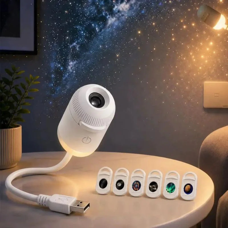2-in-1 USB Galaxy Star Projector Night Light – 6 Projection Lenses, Adjustable Brightness & Starry Sky Lamp